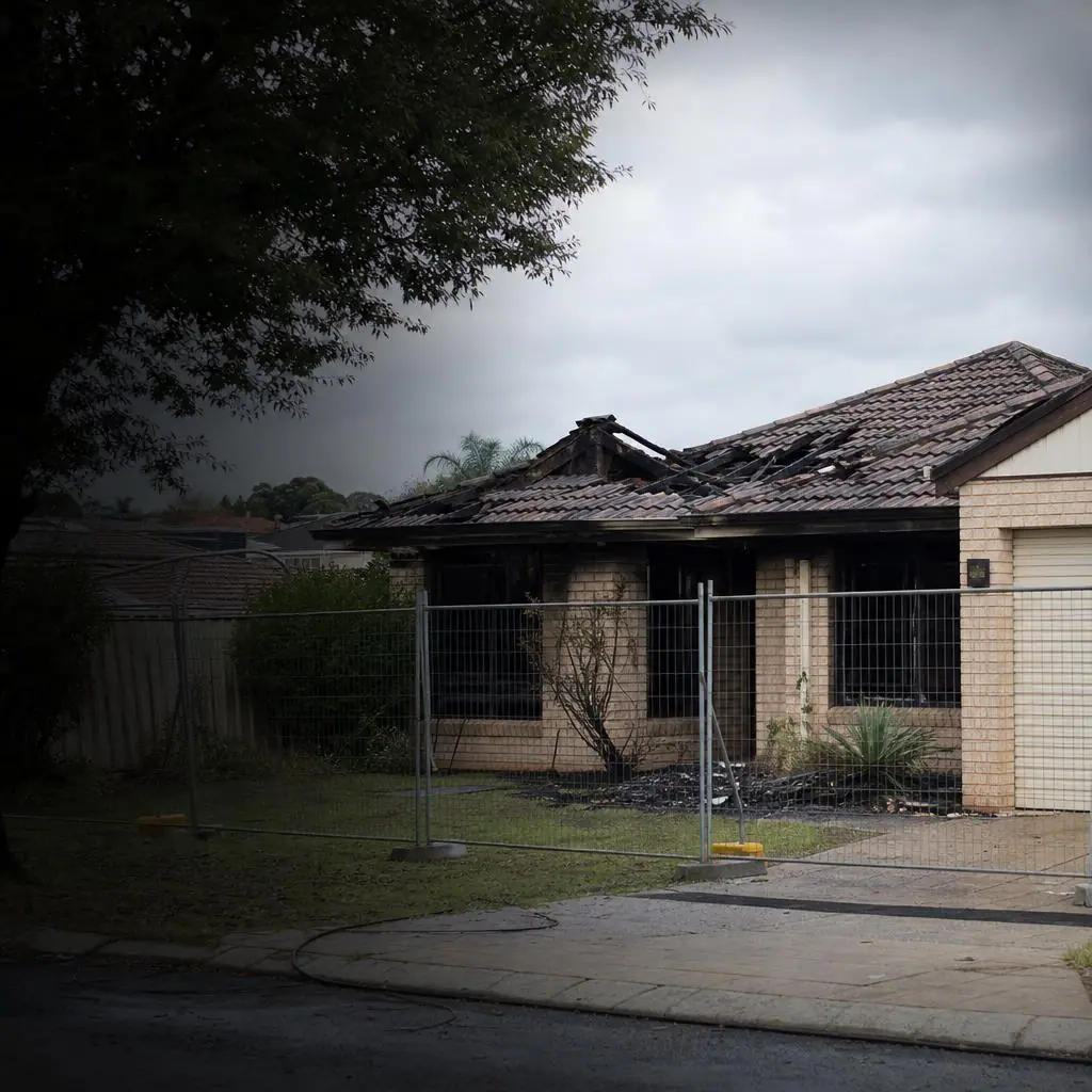 AI-generated illustration of a fire-damaged Australian brick home behind temporary fencing