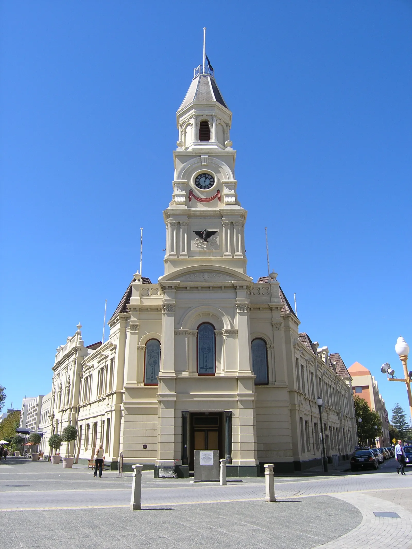 Fremantle Town Hall's historic facade and clock tower beneath a blue sky